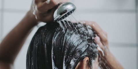 Naklejka premium Person rinsing long sleek dark hair with shampoo. Hair care routine, washing, hygiene, beauty treatment, salon service, clean hair concept