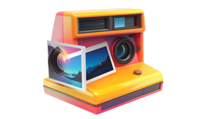 Cartoon instant camera with emerging photo prints, vibrant colors