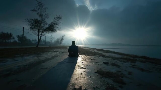 A lone individual sits quietly on vast, wet shore, contemplating brilliant sun bursting through dramatic clouds above serene water. Deep solitude fills silent, dark expanse.