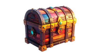 Ornate, wooden chest with jewels and gold accents against black