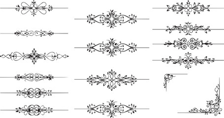 Collection of symmetrical calligraphic dividers and vintage floral corner ornaments for elegant wedding invitations and luxury page border design