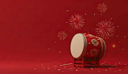 Festive drum with fireworks on red background, celebrating a cultural holiday