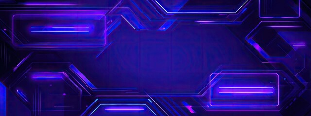 A neon-lit futuristic background with geometric shapes and lines on a deep blue gradient