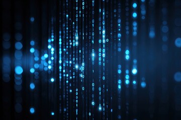 Digital abstraction featuring binary code streams, illuminated bokeh, and dark background