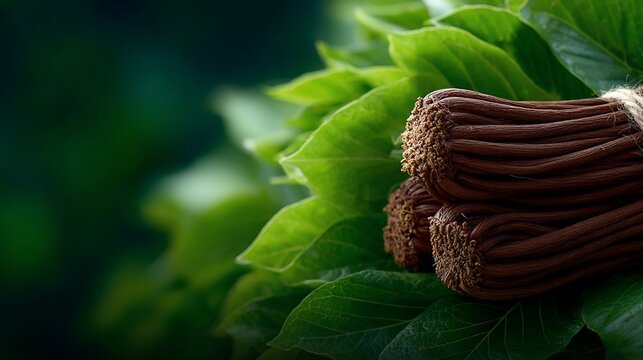 Close-up of Bundled Dried Dioscorea cirrhosa Roots on Fresh Green Leaves for Herbalism Product