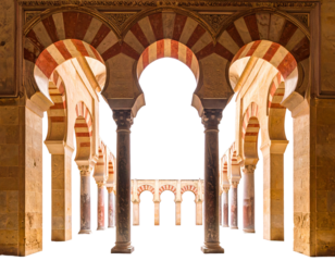 Intricate arches, striped and framed, leading to darkness