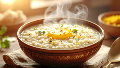 steaming rice porridge with egg yolk served at home for a nourishing breakfast meal perfect for suhoor during ramadan or a comforting morning.