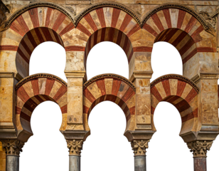 Segment of a building with repeating red/white arches and columns