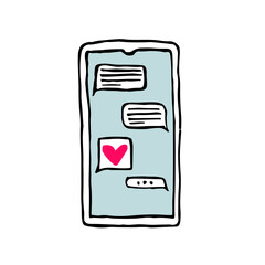Minimalist hand-drawn illustration of a smartphone screen with a chat interface and a pink heart message. sketch of a mobile phone with speech bubbles on a light blue background for digital communicat