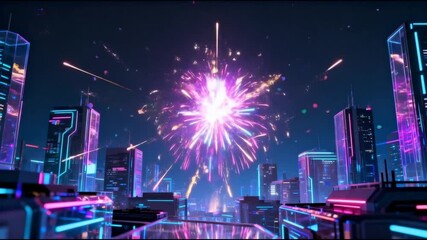 4K holographic starburst fireworks exploding futuristic cityscape, neon shooting trails, digital glitch particles, transparent overlay effect, reflective surfaces buildings, energetic holiday - Powered by Adobe