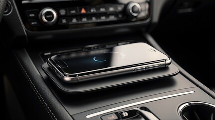A modern smartphone lying horizontally on a sleek wireless charging pad in a car.