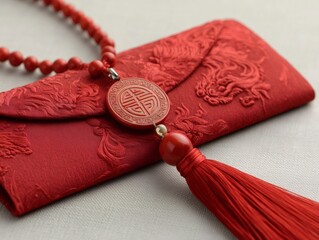 Chinese red envelope featuring ornate dragon embroidery with an attached decorative prosperity symbol pendant and red tassel