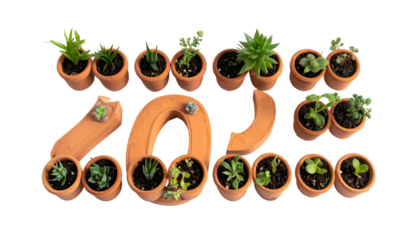 Year "2023" formed with small terracotta pots, each with a succulent