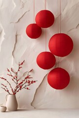 Hanging red paper lanterns and blooming branches decorating for chinese new year, celebrating spring festival