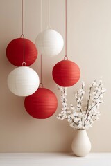 Celebrating lunar new year with hanging red and white lanterns and delicate white cherry blossoms in a minimalist setting