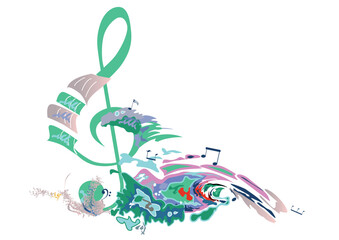 Abstract treble clef decorated with Sun, notes, birds, ocean waves. Hand drawn musical vector illustration.