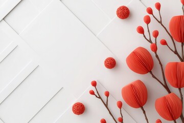 Celebrating chinese new year with red paper art flowers and traditional auspicious knots on white background