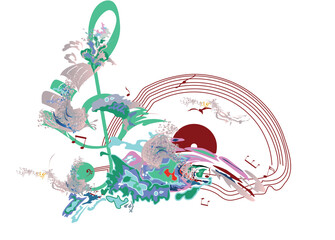 Abstract treble clef decorated with Sun, notes, birds, ocean waves. Hand drawn musical vector illustration.