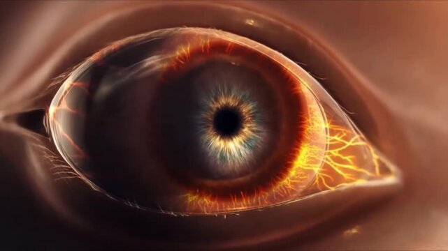 realistic 3D visualization human eye internal structures retina, optic nerve, lens, iris, cornea, blood vessels, macula, sclera, pupil, vitreous humor, choroid, muscles. Cinematic smooth fly animation