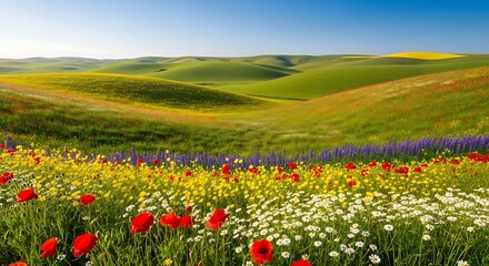Vibrant Wildflowers in Green Hills Landscape.