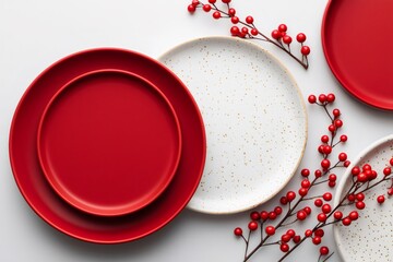 Celebrating chinese new year dinner with vibrant red and white plates and winter berries on a light background