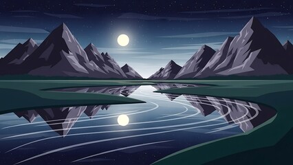 Serene mountain landscape with moonlit lake.