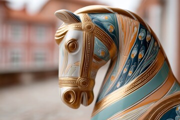 Intricately decorated porcelain horse figurine with golden bridle celebrating chinese new year and the zodiac
