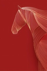 Gold line art horse head on a rich red background, symbolizing chinese new year and the zodiac animal