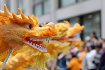 Golden chinese dragon head leading a festive parade during chinese new year celebrations, bringing good luck and fortune