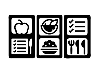 Black and White Meal Planning Icons for Menu and Diet Organization