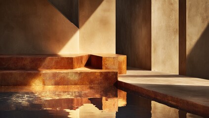 Modern architectural interior with a stepped pool and textured tan walls, sunlit