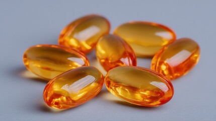 Close-up of golden omega-3 fish oil capsules on a neutral surface showcasing dietary supplements