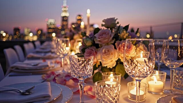 Romantic rooftop dinner with candles and city skyline at sunset.