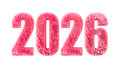 Ruby-colored "2026" digits with a textured, slightly frosted appearance, black background