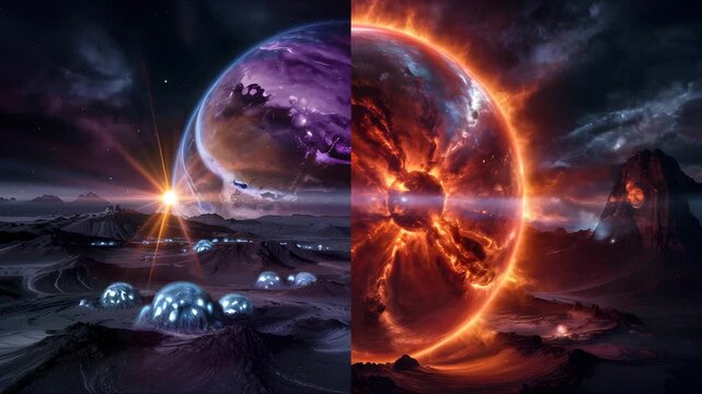 Alien planet with glowing creatures futuristic sci fi landscape cosmic energy beams 4K Ai HD high quality video.