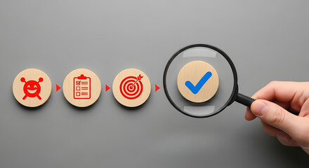 Quality Control Magnifying Glass Check Wooden Icon Strategy Achievement Process