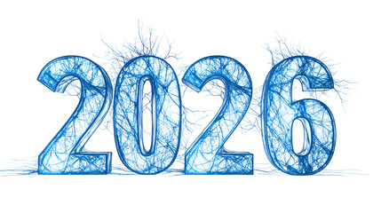 Icy blue 2026 text with frost and branches against black background