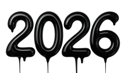 Black, glossy "2026" numbers shaped as balloons on a dark background