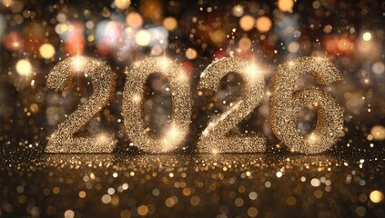 Sparkling golden numerals, "2026," illuminated against blurred bokeh lights