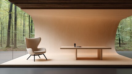 Modern interior with a comfortable chair and table overlooks a serene forest.