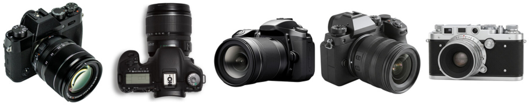 diverse collection of modern and vintage digital cameras, including dslr, mirrorless, and classic models for photography enthusiasts.