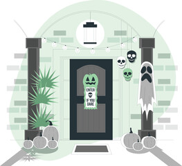 A spooky entrance door decorated for Halloween with ghostly figures and pumpkin decorations.