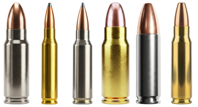 a detailed realistic photograph of various firearm cartridges and bullets, showcasing different calibers and materials on black.