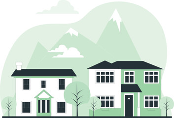 Illustration of two houses in a serene landscape with mountains in the background