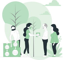 People exchanging green cards in a serene natural environment surrounded by trees and plants.