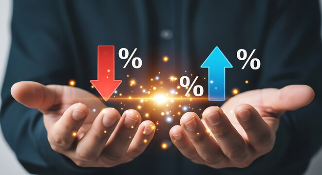 Percentage rates up and down shown floating above cupped hands increase decrease