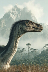 Weewarrasaurus in a prehistoric landscape with mountains and forests