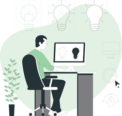 Man sitting at desk with computer and lightbulb icons in a modern office environment