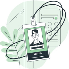 A person wearing an ID card with a photo and details around a security system