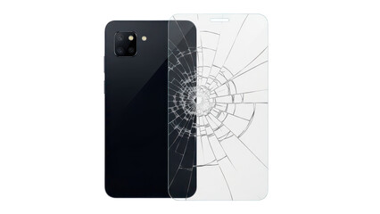 Shattered smartphone screen next to a pristine black phone back on a dark background